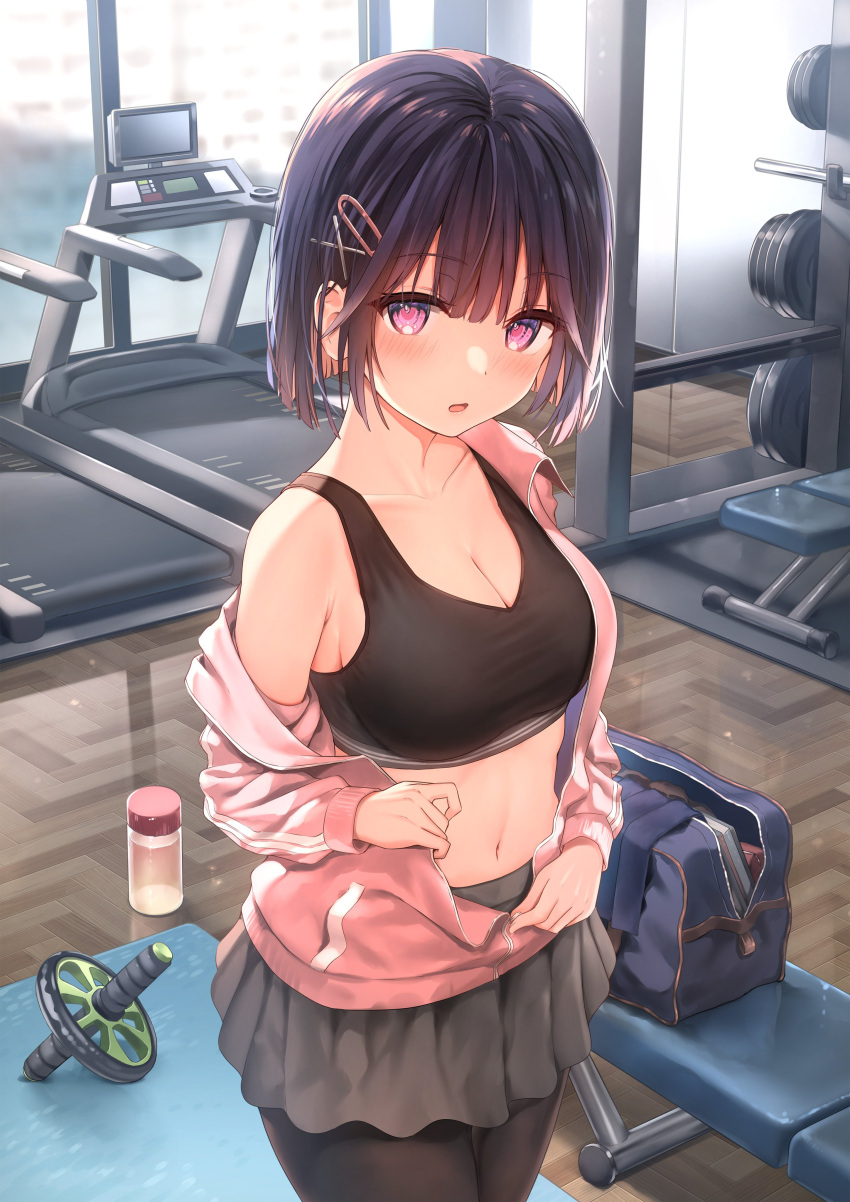 1girl :o absurdres bag bangs bench black_hair black_leggings black_sports_bra blunt_bangs bob_cut bottle breasts cleavage collarbone commentary_request duffel_bag grey_skirt gym hair_ornament hairclip highres jacket leggings looking_at_viewer medium_breasts navel open_mouth original pink_jacket pleated_skirt purple_eyes reflective_floor second-party_source skirt solo sports_bra sune_(mugendai) treadmill water_bottle weight_bench window wooden_floor x_hair_ornament yoga_mat