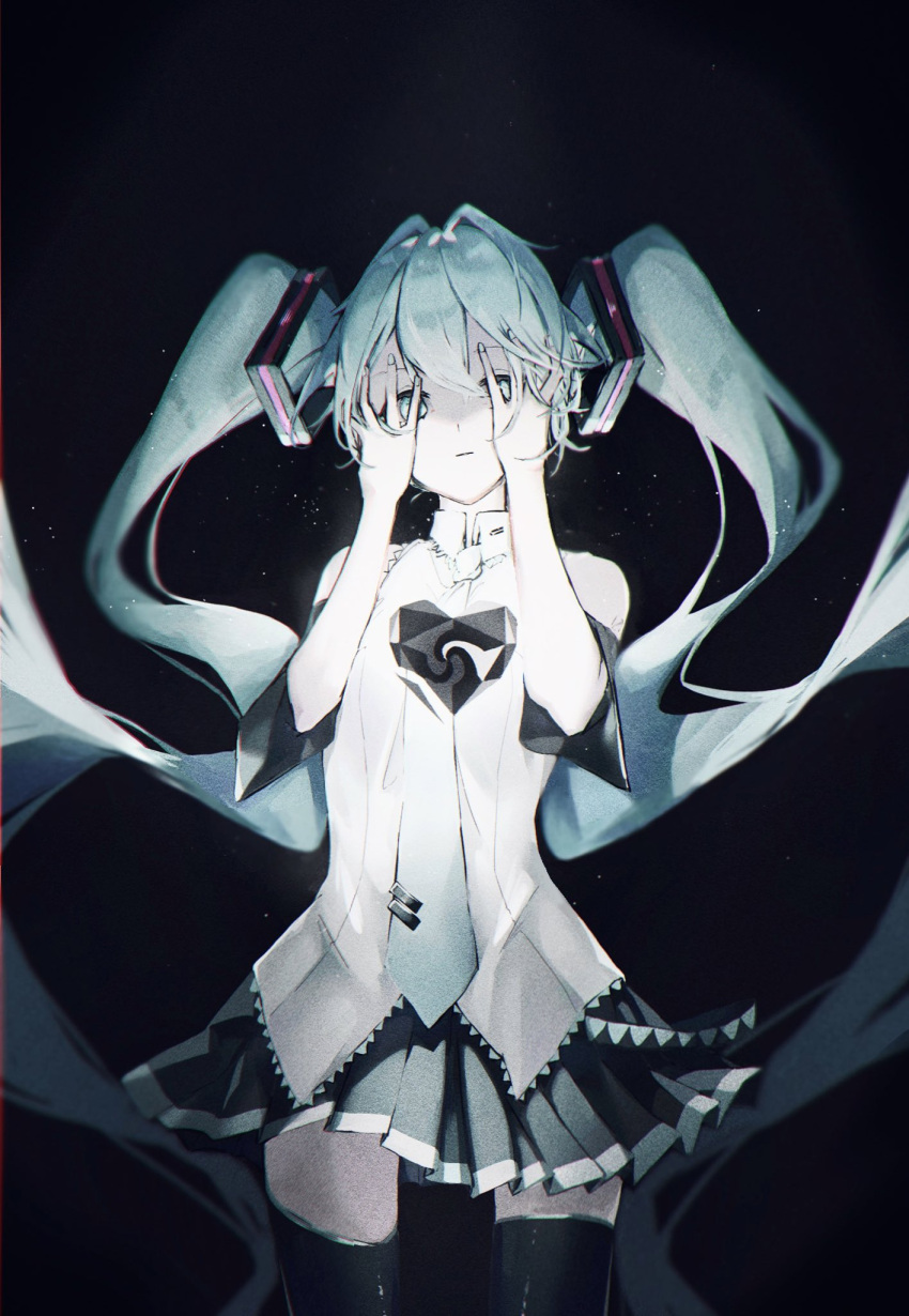 1girl :| aqua_eyes aqua_hair aqua_nails aqua_necktie bangs black_background black_sleeves closed_mouth collared_shirt covering_eyes detached_sleeves floating_hair glowing_heart grey_shirt hair_between_eyes hair_intakes hair_ornament hands_on_own_face hatsune_miku high_contrast highres limited_palette long_hair necktie number_tattoo pleated_skirt saksak_mocchiri shirt skirt sleeveless sleeveless_shirt solo standing tattoo thighhighs tie_clip twintails unknown_mother_goose_(vocaloid) very_long_hair vocaloid wowaka