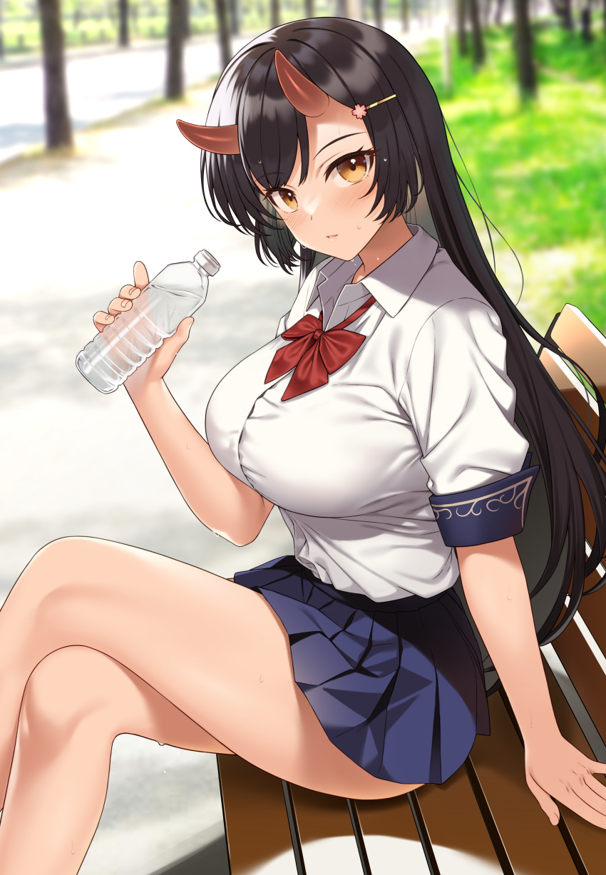 1girl absurdres bench black_hair blue_skirt blurry blurry_background bottle bow bowtie breasts closed_mouth collared_shirt commission crossed_legs day enjo_kouhai feet_out_of_frame hair_ornament hairclip hand_up highres holding holding_bottle horns large_breasts long_hair looking_at_viewer miniskirt oni oni_horns origamine_ouka outdoors pleated_skirt red_bow red_bowtie school_uniform shirt shirt_tucked_in short_sleeves sitting skeb_commission skin-covered_horns skirt solo takunomi taut_clothes taut_shirt thighs tree water_bottle wet white_shirt wing_collar yellow_eyes
