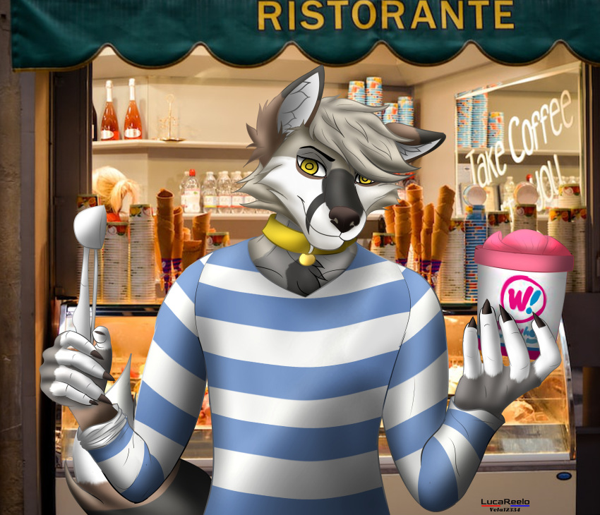 anthro brown canid canine childish clothing corsac_fox cream_(disambiguation) fan_character food fox fruit furry hair hi_res ice innocents invalid_tag italian lucareelo male mammal minors opencomission openych plant ristorante shirt shoftshade solo strawberry topwear undressing