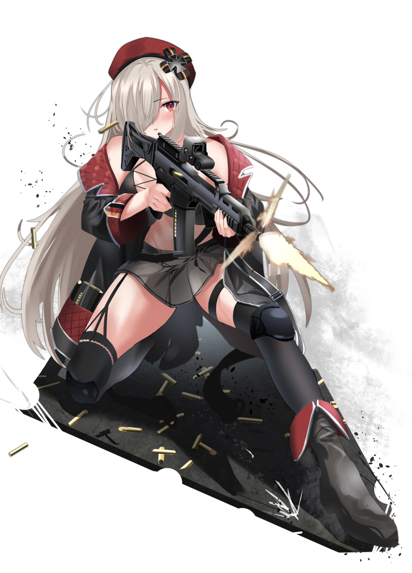 1girl absurdres assault_rifle bangs bare_shoulders beret black_footwear black_jacket black_shirt black_thighhighs blush boots breasts casing_ejection commission crop_top cross firing full_body g36c_(girls'_frontline) garter_straps german_flag girls'_frontline grey_hair grey_skirt gun h&amp;k_g36c hair_ornament hair_over_one_eye hairclip hat highres holding holding_gun holding_weapon iron_cross jacket jacket_pull knee_pads long_hair long_sleeves looking_at_viewer magazine_(weapon) medium_breasts mod3_(girls'_frontline) one_knee open_clothes open_jacket open_mouth pixiv_request red_eyes red_headwear rifle rynn_(rynn_cube) shell_casing shirt skirt solo thighhighs thighs weapon white_background