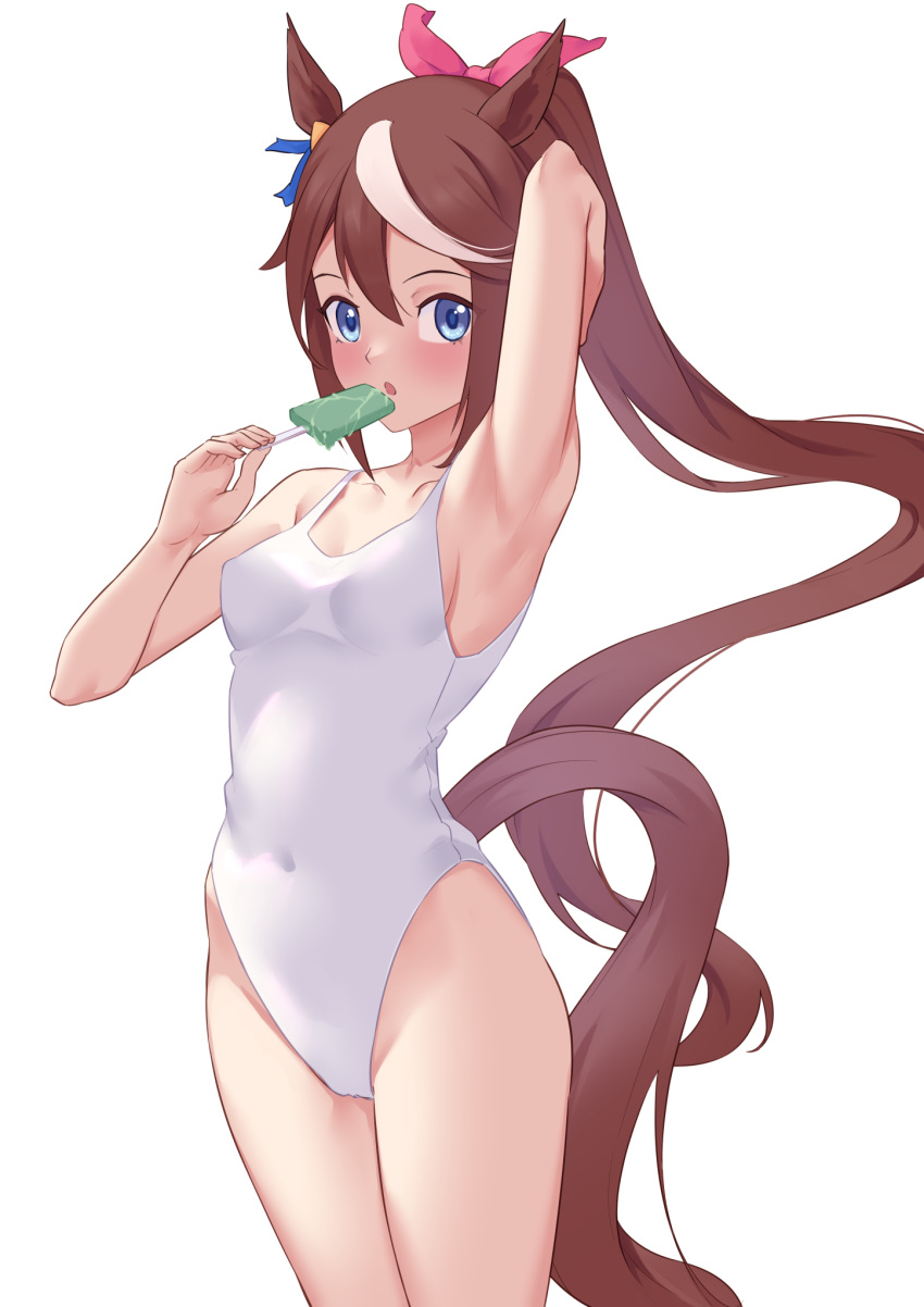 1girl animal_ears arm_behind_head arm_up armpits bare_arms bare_shoulders blue_eyes brown_hair collarbone commentary_request covered_navel food hair_ribbon highres holding holding_food horse_ears horse_girl horse_tail jilu long_hair multicolored_hair one-piece_swimsuit pink_ribbon ponytail popsicle ribbon simple_background solo streaked_hair swimsuit tail tokai_teio_(umamusume) umamusume very_long_hair white_background white_hair white_one-piece_swimsuit