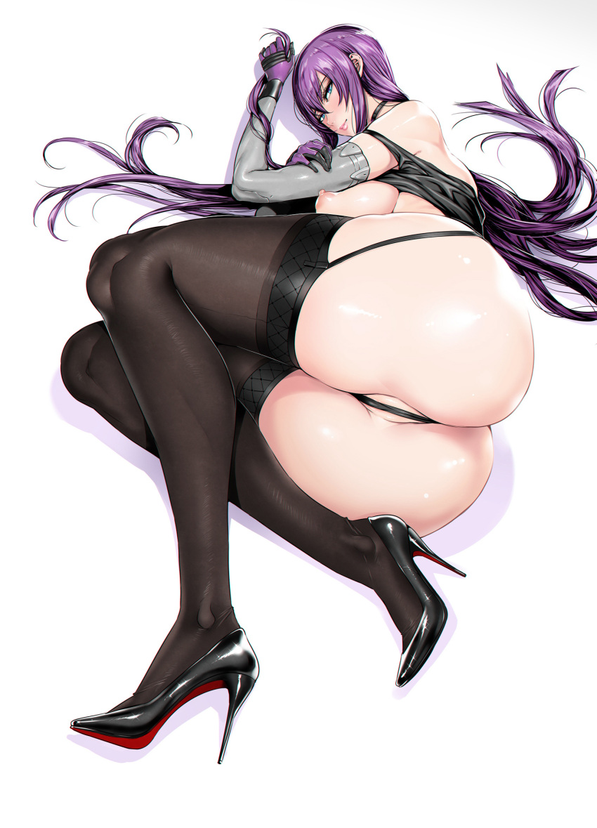 1girl ass blue_eyes blush breasts busujima_saeko fei_(maidoll) garter_straps high_heels highres highschool_of_the_dead large_breasts legs lingerie long_hair lying nipples purple_hair shiny shiny_hair underwear