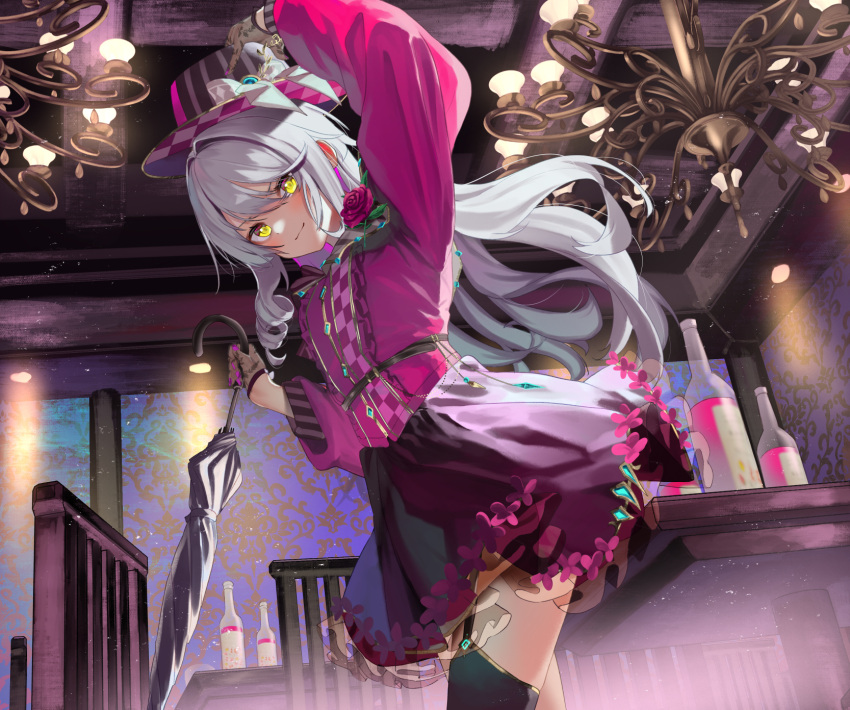 1girl arm_up bangs black_thighhighs black_umbrella blonde_hair bottle brown_gloves ceiling_light closed_mouth closed_umbrella commentary_request garter_straps gloves grey_hair hair_between_eyes half_gloves highres holding holding_umbrella indoors long_sleeves looking_at_viewer original pink_shirt puffy_long_sleeves puffy_sleeves purple_skirt saraki shirt skirt smile solo thighhighs umbrella