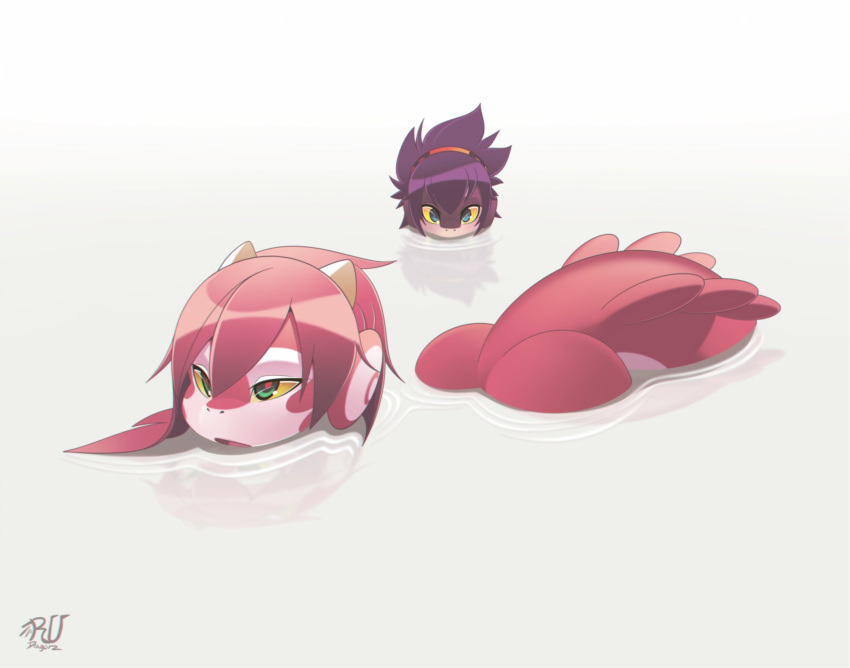 2_horns anthro blue_eyes butt dragon duo fish girly hair hi_res horn mako_(rudragon) male male/male marine nude pink_body pink_hair pink_scales purple_hair ru_(rudragon) rudragon scales scalie shark signature swimming