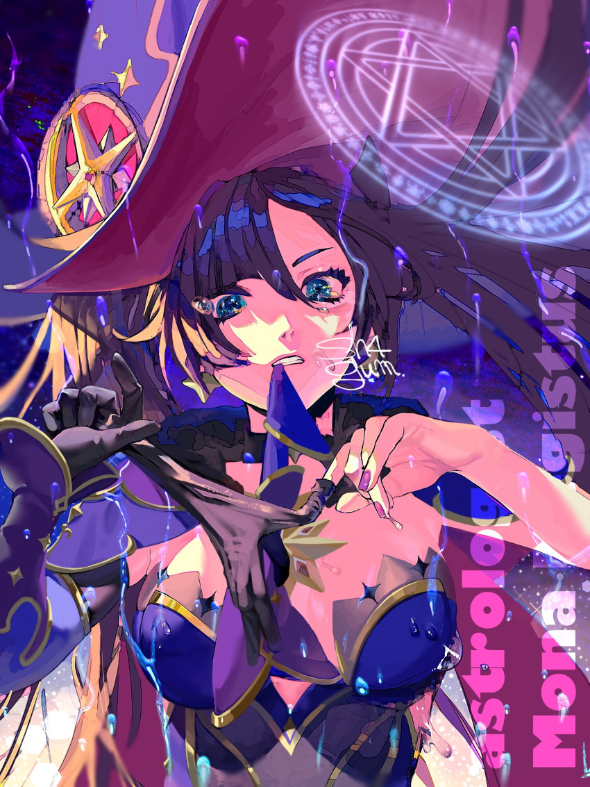 artist_name bangs blue_capelet breasts capelet character_name fur-trimmed_capelet fur_collar fur_trim genshin_impact gloves hat hat_ornament highres leotard long_hair looking_at_viewer mona_(genshin_impact) nail_polish parted_lips removing_glove sh4gum star_(symbol) strapless strapless_leotard teeth wet witch_hat