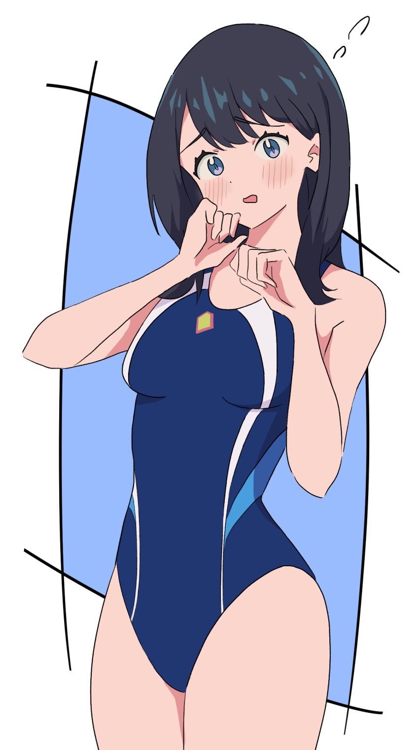 1girl bangs black_hair blue_eyes blue_swimsuit breasts competition_swimsuit cowboy_shot flying_sweatdrops gridman_universe highres long_hair looking_at_viewer medium_breasts multicolored_clothes multicolored_swimsuit one-piece_swimsuit sho_(shoshos_8888) solo ssss.gridman standing straight_hair swimsuit takarada_rikka
