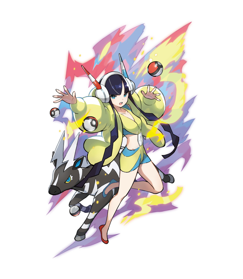 1girl absurdres black_hair blue_eyes collarbone colored_sclera commentary crop_top elesa_(pokemon) flats full_body headphones highres looking_at_viewer official_art open_mouth outstretched_arm poke_ball poke_ball_(basic) pokemon pokemon_(creature) pokemon_(game) pokemon_bw2 saitou_naoki symbol-only_commentary yellow_sclera zebstrika