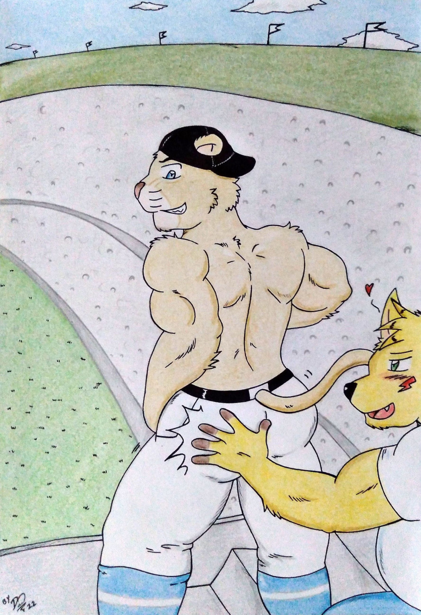 &lt;3 absurd_res anthro back_muscles baseball_cap baseball_field baseball_uniform butt butt_slap canid canine chubby_anthro clothing cloud cougar dancing dash_fox dashthefox day duo felid feline fox grass grin hat headgear headwear hi_res lapdance male male/male mammal mascot mexican muscular muscular_anthro muscular_male naughty_face plant slap slightly_chubby smile sportswear stadium teeth teeth_showing teeth_visible traditional_media_(artwork) uniform yaco_puma yellow_body