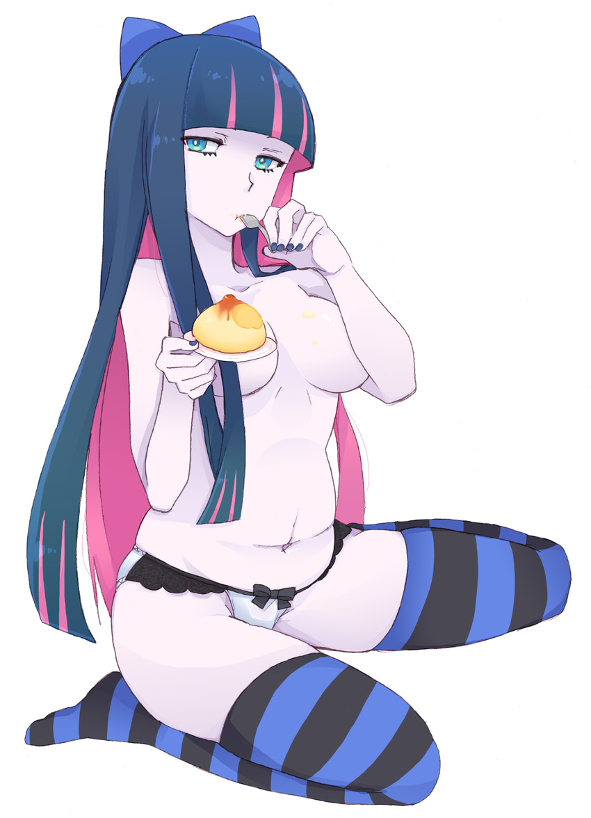 bad_id bad_pixiv_id belly blue_eyes blue_hair blue_nails breasts chita eating food highres long_hair medium_breasts nail_polish navel pale_skin panties panty_&amp;_stocking_with_garterbelt plump pudding simple_background sitting solo spoon stocking_(psg) striped striped_legwear thighhighs topless underwear wariza weight_gain white_background