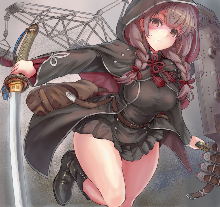 1girl bag belt black_capelet black_dress black_footwear blush boots braid breasts brown_belt brown_eyes brown_hair capelet closed_mouth commission dress em_s highres holding holding_sword holding_weapon hood hooded_capelet kantai_collection katana large_breasts long_hair long_sleeves shinshuu_maru_(kancolle) solo sword twin_braids unsheathed weapon