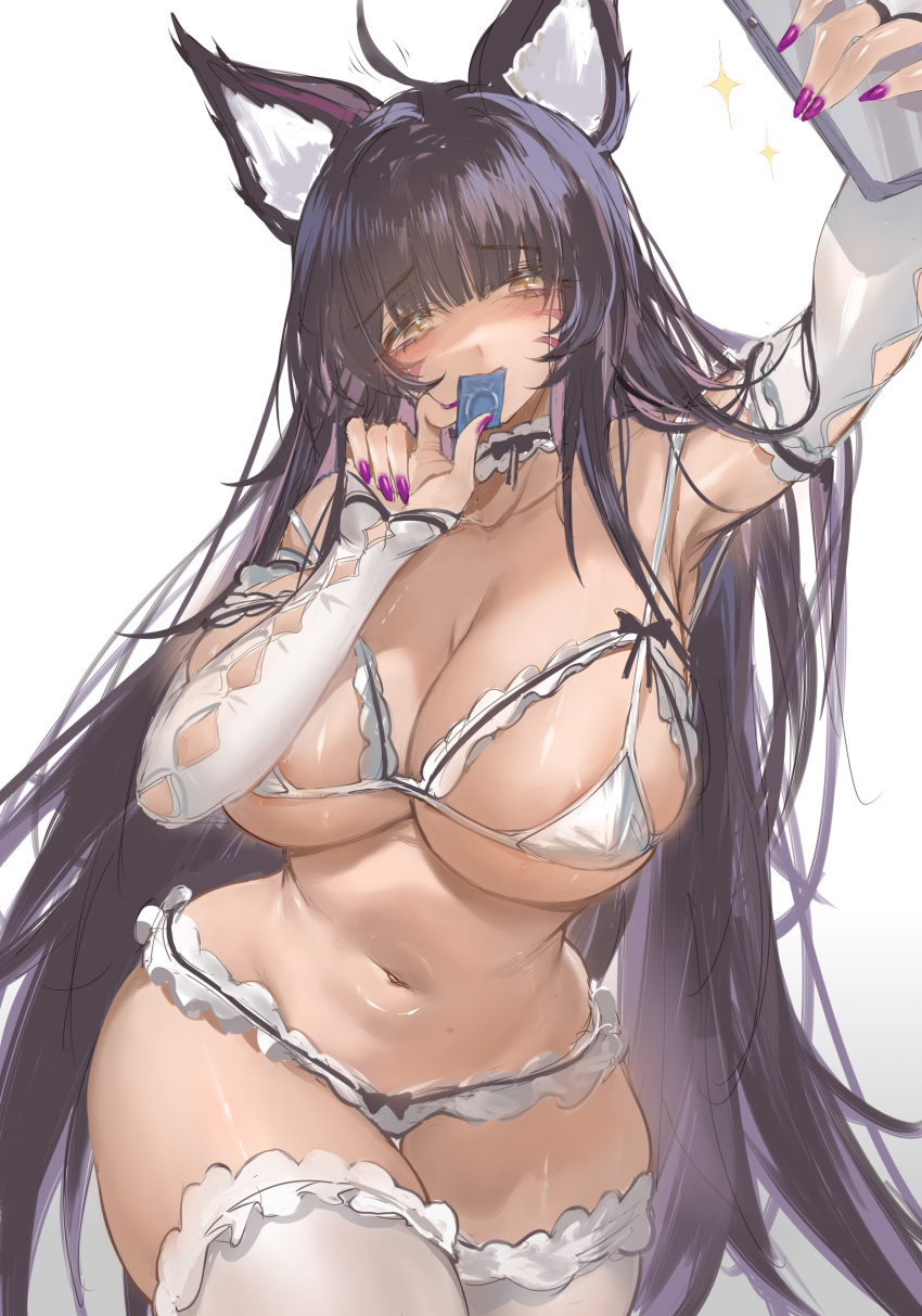 1girl absurdres animal_ear_fluff animal_ears areola_slip azur_lane bikini blush breasts cellphone condom condom_wrapper detached_sleeves fox_girl frilled_bikini frills highres holding holding_condom holding_phone horz large_breasts long_hair looking_at_viewer micro_bikini musashi_(azur_lane) outstretched_arm phone purple_hair reaching_out selfie simple_background smartphone solo swimsuit thighhighs very_long_hair white_background white_bikini white_sleeves white_thighhighs yellow_eyes