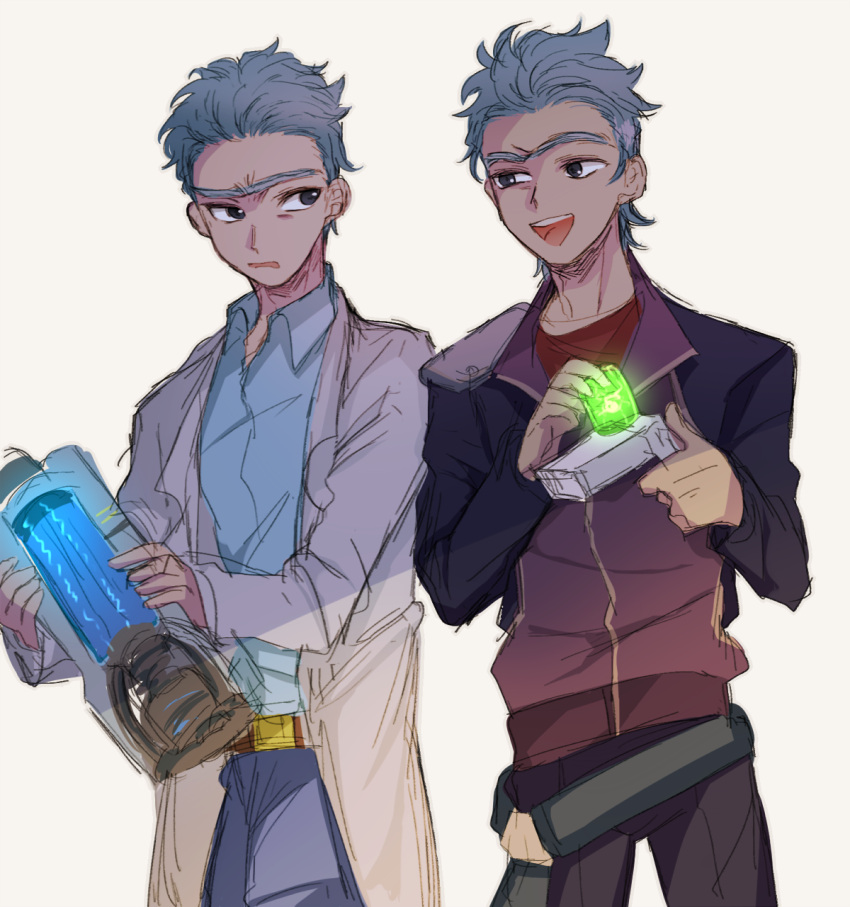 2boys aged_down black_jacket coat dual_persona highres jacket labcoat messy_hair multiple_boys noko6 rick_and_morty rick_prime rick_sanchez short_hair shoulder_pads spiked_hair time_paradox white_coat white_hair