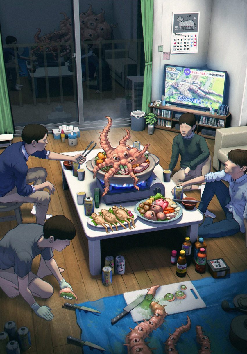 4boys artist_self-reference beer_can black_hair blood blue_sweater bottle bowl calendar_(object) can chair chopsticks commentary cooking creature cup cutting_board disposable_cup drink extra_arms extra_eyes faceless faceless_male food glass_door gloves green_blood green_sweater highres holding_tongs hotpot indoors knife meal monster multiple_boys mushroom night no_eyes one_knee original outstretched_arm plant plate portable_stove potted_plant reflection shiitake shirt shorts sinsin08051 sitting sliding_doors sweater television tentacles tissue_box tongs translated trash_can vegetable white_gloves white_shirt wooden_floor