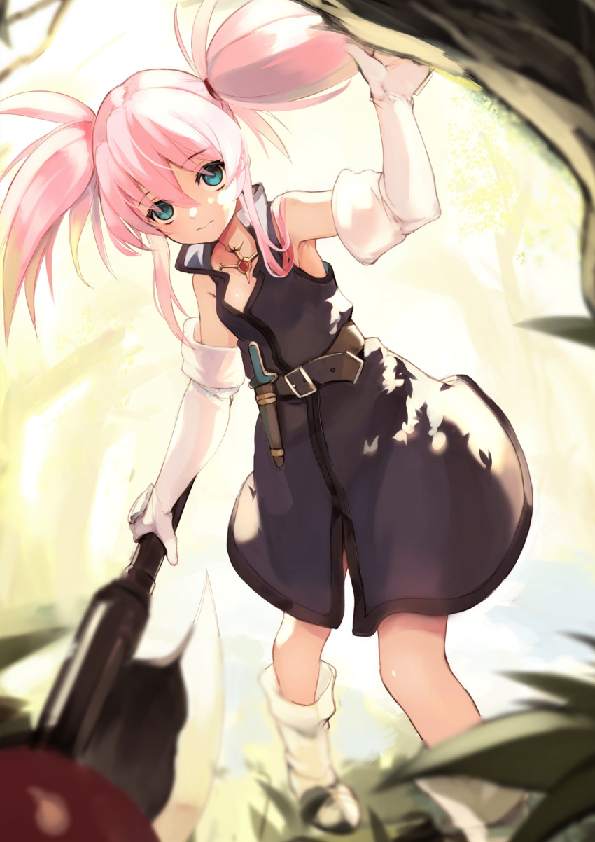 1girl absurdres aqua_eyes arm_up axe belt blurry blurry_foreground boots breasts brown_belt closed_mouth commentary_request dress elbow_gloves empty_eyes foot_out_of_frame gloves hair_ornament highres holding holding_axe long_hair looking_at_viewer lumo_1121 pink_hair presea_combatir sheath sheathed sleeveless sleeveless_dress small_breasts solo tales_of_(series) tales_of_symphonia twintails weapon white_footwear white_gloves