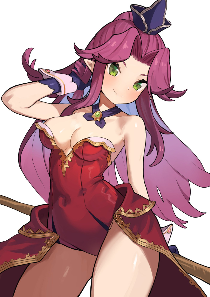 1girl angela_(seiken_densetsu_3) bare_shoulders blue_gloves blue_headwear breasts cleavage closed_mouth gloves green_eyes hat highres long_hair looking_at_viewer medium_breasts moutama pointy_ears purple_hair seiken_densetsu seiken_densetsu_3 simple_background smile solo thighs white_background