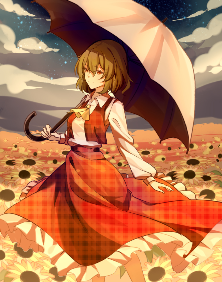 1girl ascot bangs breasts closed_mouth cloud collared_shirt commentary_request feet_out_of_frame flower garden_of_the_sun green_hair hair_between_eyes highres holding holding_umbrella kazami_yuuka long_skirt long_sleeves looking_at_viewer medium_breasts minuo outdoors plaid plaid_skirt plaid_vest red_eyes red_skirt red_vest shirt short_hair skirt skirt_set sky smile solo star_(sky) starry_sky sunflower touhou umbrella vest white_shirt yellow_ascot yellow_flower