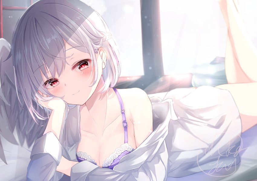 1girl absurdres blush bra braid breasts cleavage closed_mouth collarbone feathered_wings grey_hair highres kishin_sagume large_breasts long_sleeves looking_at_viewer lying niko_kusa on_stomach purple_bra red_eyes short_hair signature single_wing smile solo the_pose touhou underwear white_wings wings