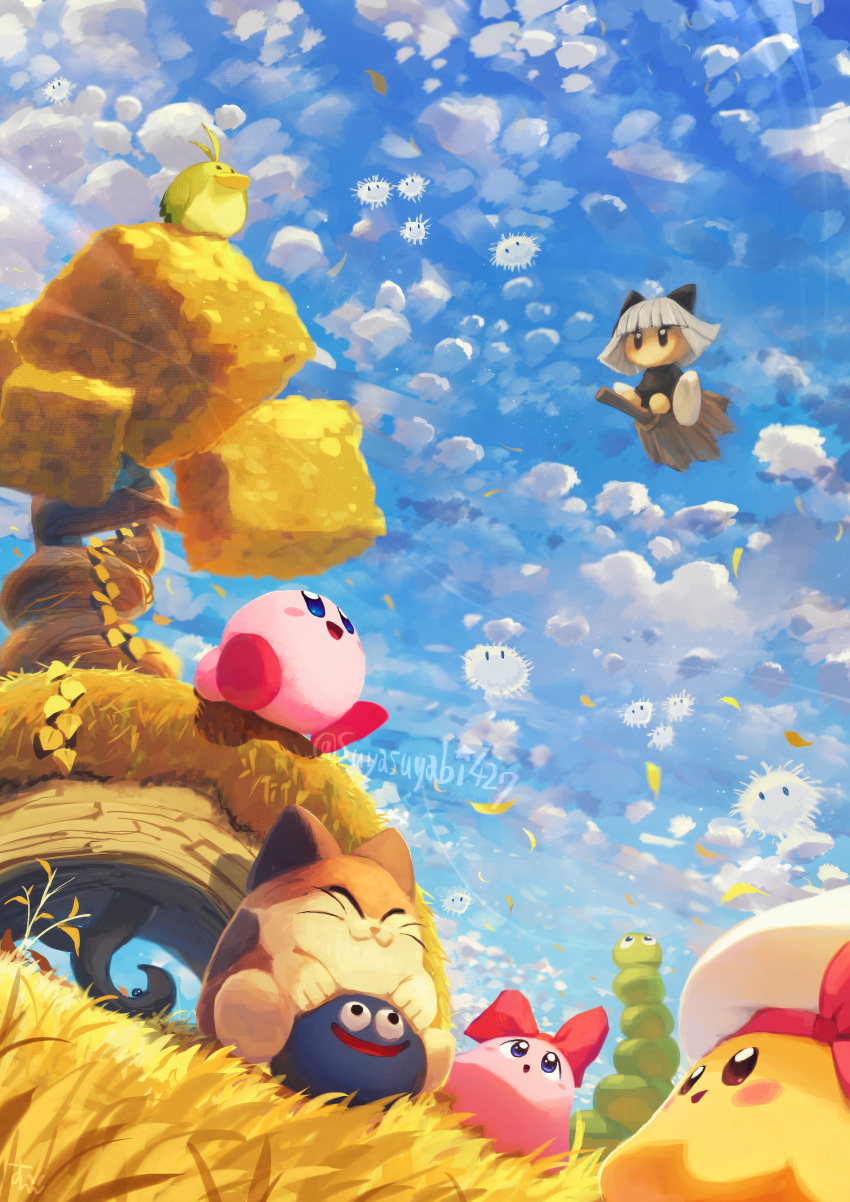 absurdres animal_ears autumn autumn_leaves blue_sky blush_stickers broom broom_riding cat_ears chuchu_(kirby) cloud falling_leaves gooey_(kirby) highres keke_(kirby) kirby kirby's_dream_land_3 kirby_(series) leaf looking_up nago_(kirby) nyupun_(kirby) pasara_(kirby) pitch_(kirby) popon_(kirby) sky smile suyasuyabi white_hair wind