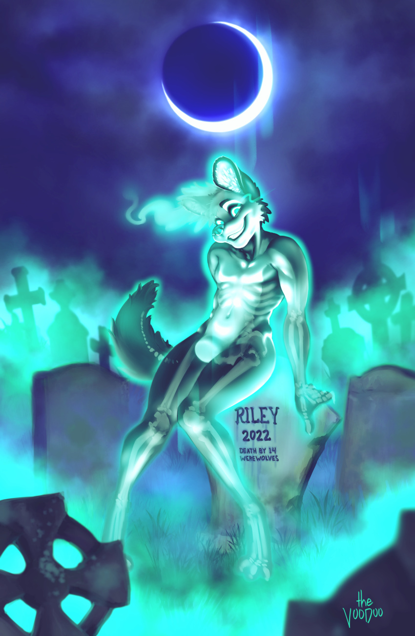 absurd_res anthro bone canid canine canis cemetery ghost grave haunted hi_res male mammal moon night nude pinup pose riley_(disambiguation) skeleton solo spirit supernatural the_v00d00 wolf