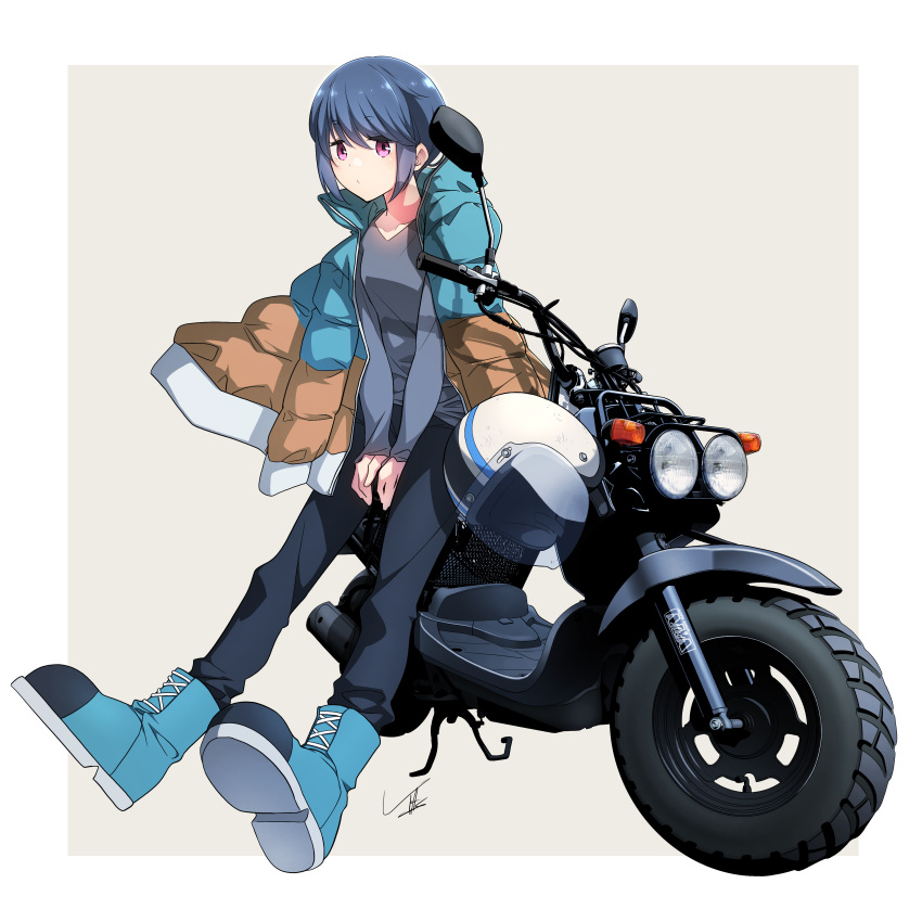 1girl absurdres bangs black_pants blue_footwear blue_hair boots border eyelashes full_body grey_shirt ground_vehicle helmet highres honda honda_zoomer jacket jacket_on_shoulders long_sleeves looking_at_viewer motor_vehicle motorcycle motorcycle_helmet multicolored_clothes multicolored_jacket o3o on_motorcycle open_clothes open_jacket outside_border pants purple_eyes scooter shima_rin shiny shiny_hair shirt short_hair signature sitting solo v-neck white_border yasu_(pixiv) yurucamp