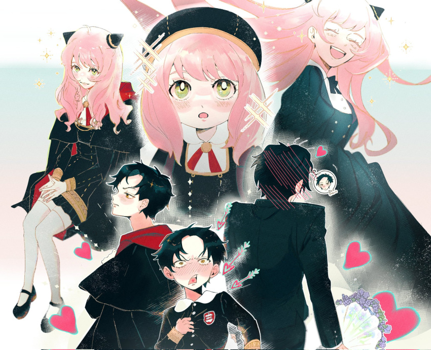 1boy 1girl aged_up anya_(spy_x_family) bangs beret black_cloak black_dress black_hair black_headwear black_ribbon blush buttons cloak closed_eyes closed_mouth commentary damian_desmond dress eden_academy_uniform gold_trim green_eyes hairpods hat heart highres horn_ornament horns long_hair long_sleeves lovestruck multiple_views neck_ribbon open_mouth parted_bangs pink_hair qkftkd red_ribbon ribbon school_uniform smile sparkle spy_x_family teeth thighhighs upper_teeth wavy_hair white_thighhighs yellow_eyes zettai_ryouiki