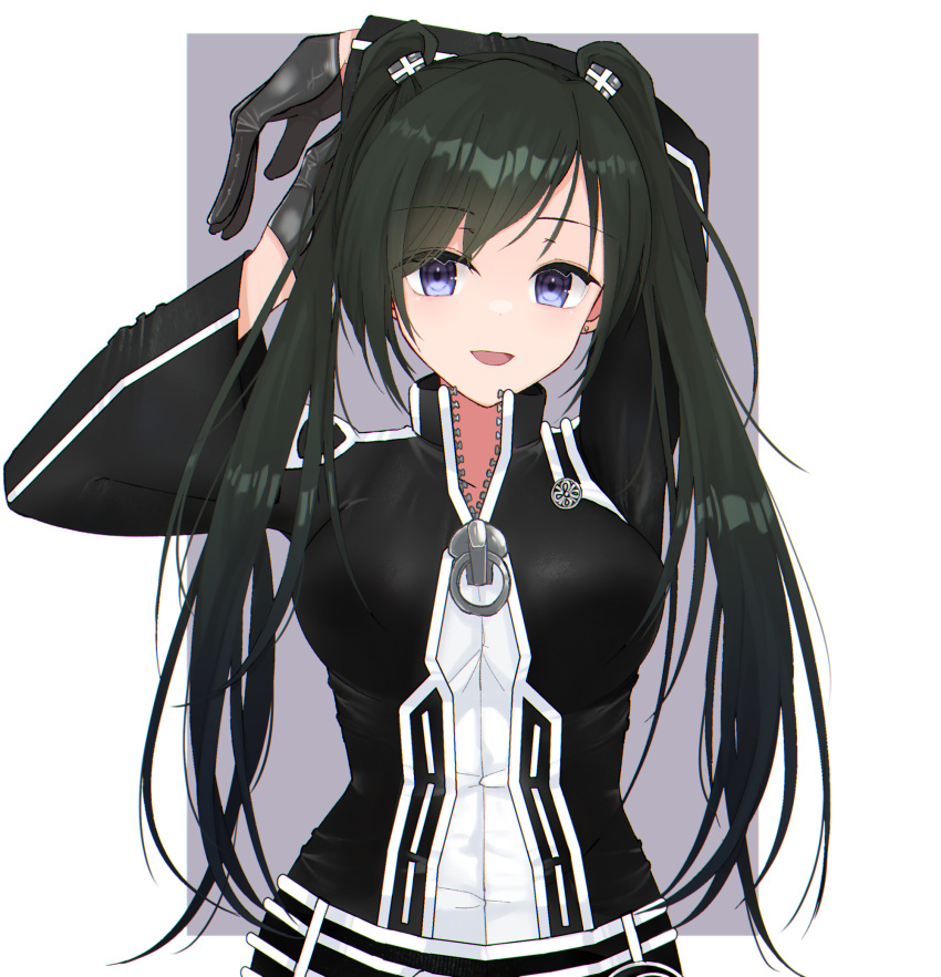 1girl 2176134 :d arms_up bangs black_gloves black_hair black_jacket black_order_uniform blue_eyes d.gray-man earrings gloves highres jacket jewelry lenalee_lee long_hair long_sleeves looking_at_viewer partially_unzipped shiny shiny_hair smile solo twintails upper_body very_long_hair