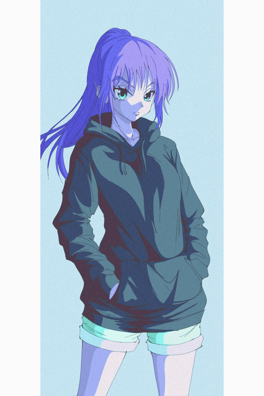 1girl absurdres alternate_costume baggy_clothes black_hoodie breasts casual contemporary enoki_(gongindon) expressionless feet_out_of_frame green_eyes hands_in_pockets highres hood hoodie hunter_x_hunter looking_at_viewer machi_(hunter_x_hunter) medium_breasts purple_hair short_hair shorts simple_background solo