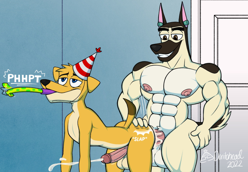 2022 abs anal anal_penetration anthro areola artist_name athletic athletic_anthro athletic_male balls bent_over biceps big_balls big_butt big_penis birthday blue_eyes bodily_fluids brown_body brown_eyes brown_fur bubble_butt butt butt_slap canid canine canis clothing corgidor cum cum_in_ass cum_inside cumshot dated detailed_background digital_drawing_(artwork) digital_media_(artwork) domestic_dog doritohead duo ear_plugs ejaculation fingers fluffy fluffy_tail fur genital_fluids genitals german_shepherd girly hand_on_butt hand_on_own_butt hat headgear headwear herding_dog hi_res inside kaine_lewis male male/male mammal mixed_breed multicolored_body multicolored_fur muscular muscular_anthro muscular_male muscular_thighs navel nipples nude party_hat party_horn pastoral_dog pecs penetration penis sex short_tail signature slap smile spanking tan_body tan_fur teeth thick_thighs two_tone_body two_tone_fur wally_pembroke wide_hips yellow_body yellow_fur