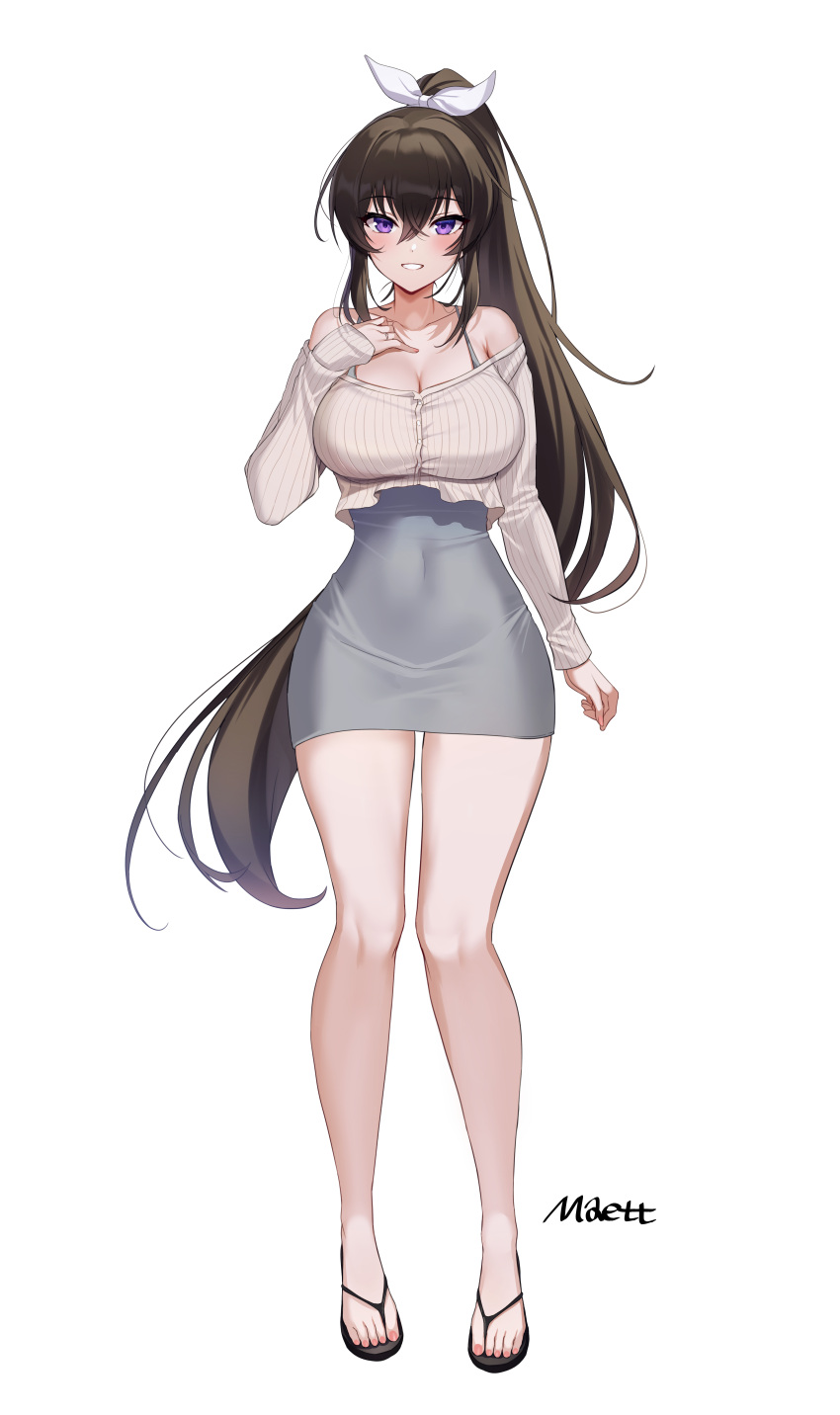 1girl :d absurdres alternate_costume arm_at_side artist_name bangs bare_legs bare_shoulders blush bra_strap breasts brown_hair cleavage collarbone counter:side covered_navel flip-flops full_body grey_skirt grin hair_between_eyes hair_ribbon hand_on_own_chest high-waist_skirt highres large_breasts long_hair long_sleeves looking_at_viewer maett off-shoulder_shirt off_shoulder parted_lips purple_eyes ribbon sandals shirt simple_background skirt smile solo standing very_long_hair white_background white_ribbon white_shirt yoo_mina