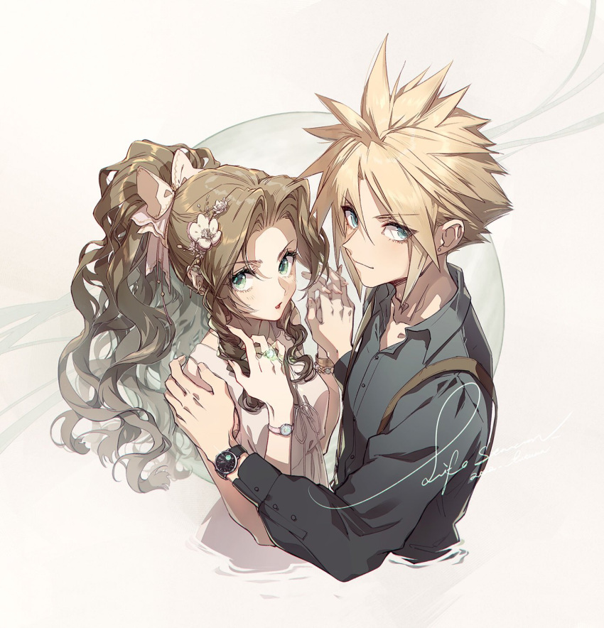 1boy 1girl aerith_gainsborough alternate_costume bangle bangs blonde_hair blue_eyes bracelet breasts brown_hair cloud_strife collared_shirt couple dress final_fantasy final_fantasy_vii final_fantasy_vii_remake flower green_eyes grey_shirt hair_between_eyes hair_flower hair_ornament hair_ribbon hand_on_another's_shoulder hetero highres holding_hands jewelry kieta light_blush light_smile long_hair long_sleeves looking_at_viewer medium_breasts merchandise parted_bangs parted_lips pink_ribbon ponytail ribbon ring shirt short_hair sidelocks sleeveless sleeveless_dress spiked_hair suspenders upper_body watch wavy_hair white_dress wristwatch