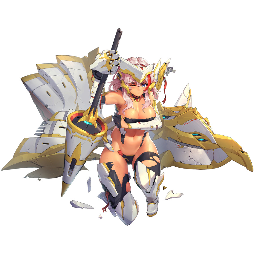 1girl armor armored_boots armored_gloves armpits bare_shoulders battle_damage bikini_armor black_bra black_gloves black_thighhighs blue_eyes blush boots bra breasts broken broken_armor broken_shield broken_weapon broken_wires cleavage covering covering_breasts defeat detached_collar elbow_gloves full_body game_cg gloves half_gloves high_heel_boots high_heels highres holding holding_polearm holding_weapon huge_weapon injury jetpack knee_boots knee_guards lance lancer_mina large_breasts last_origin linea_alba looking_at_viewer mar10 mechanical_wings multicolored_hair navel official_alternate_costume official_art one_eye_closed one_knee pink_hair polearm red_hair shield skindentation slingshot_swimsuit solo streaked_hair swimsuit tachi-e tears thigh_boots thighhighs torn_bra torn_clothes torn_legwear torn_thighhighs transparent_background two-tone_hair underwear weapon white_armor wings wire