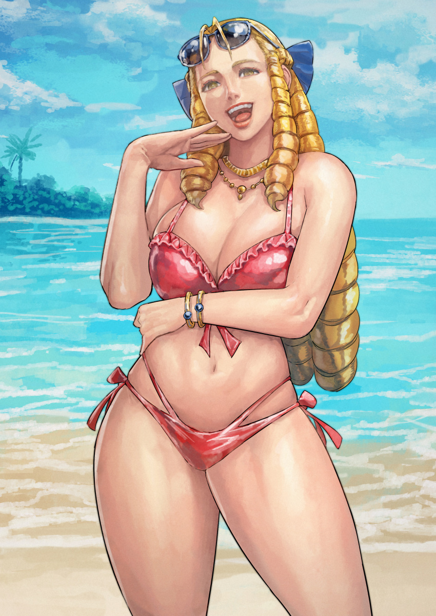 1girl absurdres arm_across_waist beach bikini blonde_hair bracelet breasts cirenk cleavage drill_hair eyewear_on_head highres jewelry kanzuki_karin laughing navel necklace ojou-sama_pose open_mouth red_bikini smile solo stomach street_fighter street_fighter_zero_(series) sunglasses swimsuit