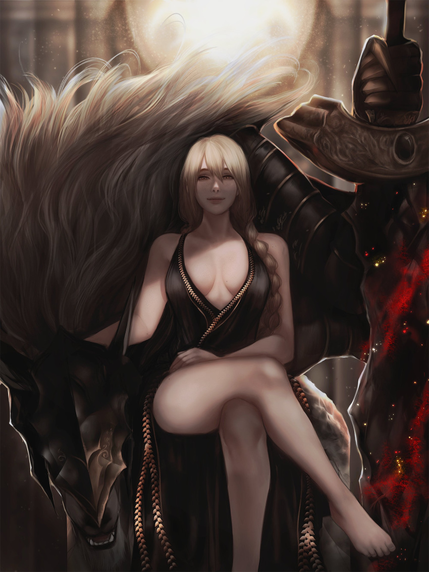 1boy 1girl absurdres armor bangs bare_shoulders barefoot black_armor black_dress blonde_hair braid breasts brother_and_sister cleavage closed_mouth commentary covered_eyes crossed_legs dress elden_ring english_commentary furry furry_male gauntlets hair_between_eyes highres holding holding_sword holding_weapon large_breasts long_hair looking_at_viewer maliketh_the_black_blade queen_marika_the_eternal raviollies siblings sitting sleeveless sleeveless_dress smile sword thighs toes weapon yellow_eyes