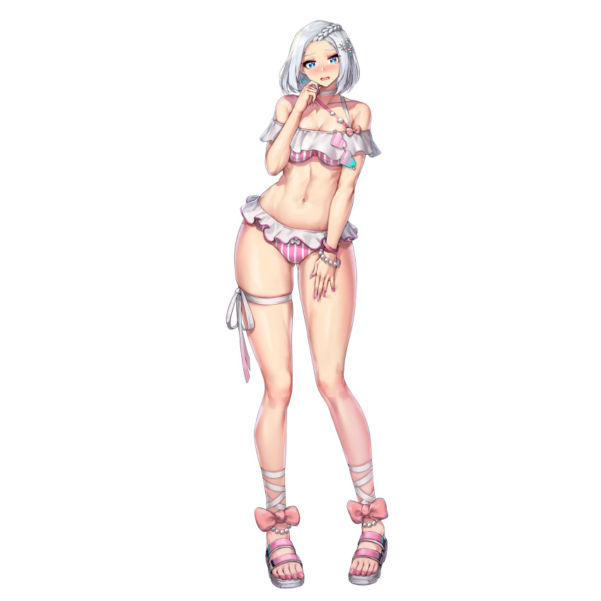 1girl abs ankle_ribbon ass_visible_through_thighs bikini blue_eyes blue_heart blush bracelet braid breasts choker collarbone earrings embarrassed eyewear_on_clothing frilled_bikini frills game_cg hair_ornament hand_on_own_thigh heart heart-shaped_eyewear heart_earrings heart_hair_ornament highres jewelry last_origin leg_ribbon linea_alba medium_breasts nail_polish navel official_alternate_costume official_art open_mouth paintale pearl_anklet pearl_bracelet pink_bikini pink_nails pink_ribbon red_hood_(last_origin) ribbon sandwiched short_hair simple_background single_braid skindentation solo striped striped_bikini swimsuit tachi-e thick_thighs thigh_ribbon thigh_strap thighs transparent_background white_bikini white_choker white_hair white_ribbon