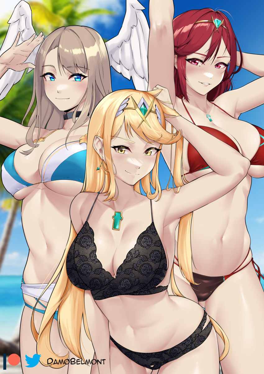 3girls absurdres arm_up bangs bare_arms bare_shoulders bikini black_bra black_choker black_panties blonde_hair blue_bikini blue_eyes blue_sky blush bra breasts brown_hair choker commentary cowboy_shot damodar day english_commentary eunie_(xenoblade) grin head_wings highres large_breasts long_hair looking_at_viewer multi-strapped_bikini multiple_girls mythra_(xenoblade) navel official_alternate_costume outdoors panties parted_lips pyra_(xenoblade) red_bikini red_eyes red_hair sky smile standing stomach swimsuit thighs underwear underwear_only xenoblade_chronicles_(series) xenoblade_chronicles_2 xenoblade_chronicles_3 yellow_eyes