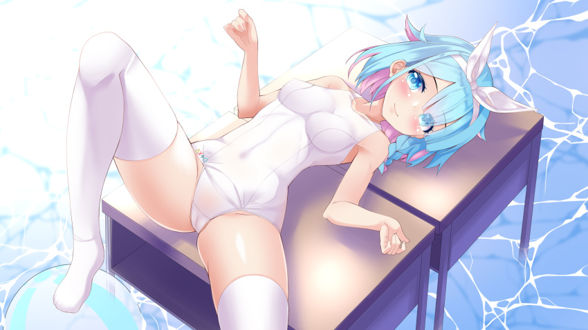 1girl absurdres arona_(blue_archive) ass blue_archive blue_eyes blue_hair blush bow braid breasts cameltoe covered_navel desk hair_bow hair_over_one_eye highres knee_up legs lying natsumiya_yuzu no_pants no_shoes old_school_swimsuit on_back on_desk ribbon school_swimsuit short_hair smile solo spread_legs swimsuit thighhighs thighs white_one-piece_swimsuit white_thighhighs