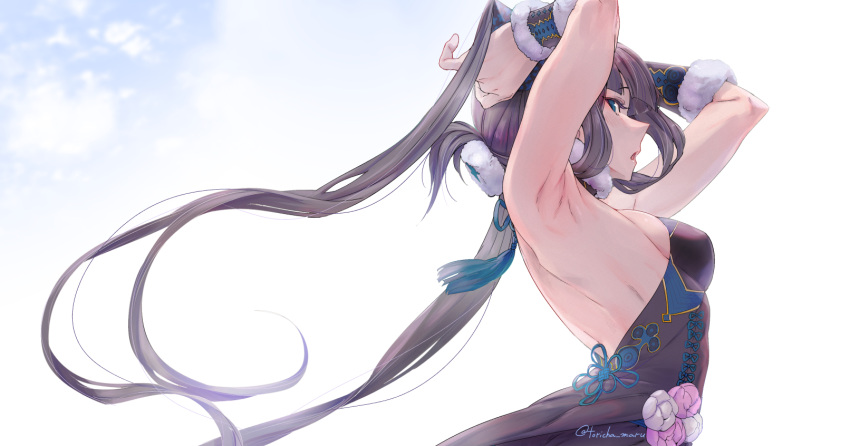 1girl armpits arms_behind_head arms_up back bangs bare_shoulders black_dress blue_eyes blush breasts china_dress chinese_clothes detached_sleeves dress fate/grand_order fate_(series) hair_ornament highres long_hair looking_at_viewer looking_back medium_breasts open_mouth purple_hair sidelocks solo torichamaru twintails very_long_hair yang_guifei_(fate)