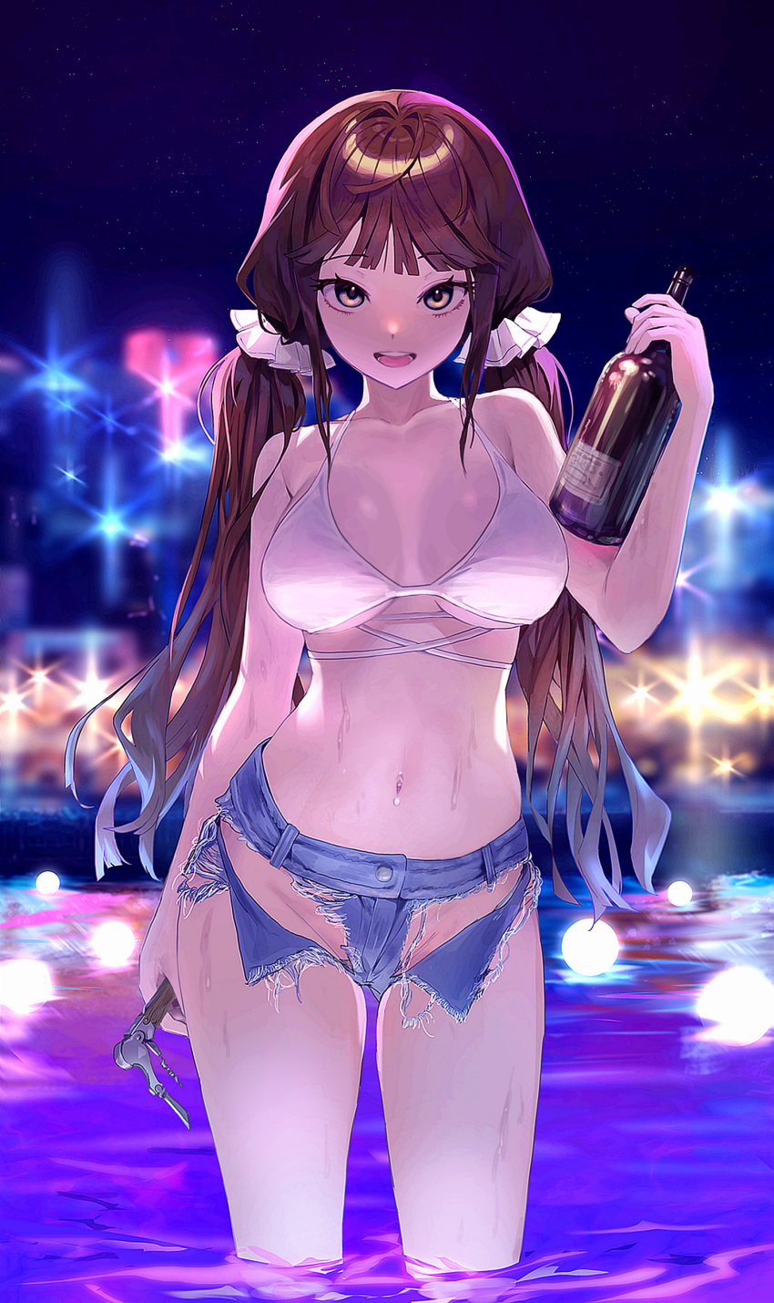 1girl absurdres bikini blush bottle breasts brown_eyes brown_hair hair_ornament highres holding holding_bottle large_breasts long_hair looking_at_viewer open_mouth original poolside short_shorts shorts smile solo swimsuit thighs twintails zetto_(zet)