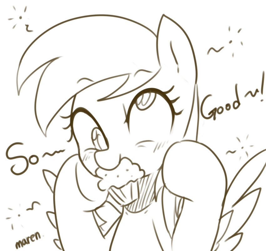 2020 blush bust_portrait derp_eyes derpy_hooves_(mlp) dialogue equid equine eyelashes feathered_wings feathers female feral food friendship_is_magic hair hasbro hi_res mammal marenlicious monochrome mouth_hold muffin my_little_pony pegasus portrait signature simple_background solo spread_wings white_background wings