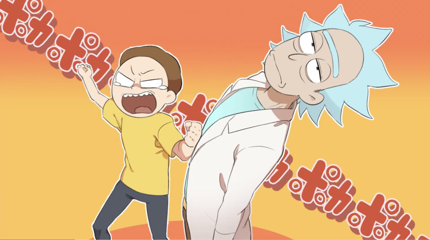 2boys angry blank_eyes brown_hair coat grandfather_and_grandson highres hitting labcoat male_focus meme messy_hair morty_smith multiple_boys parody poka_poka_(meme) punching ravencrow rick_and_morty rick_sanchez seitokai_yakuindomo shirt short_hair spiked_hair unibrow white_coat white_hair yellow_shirt