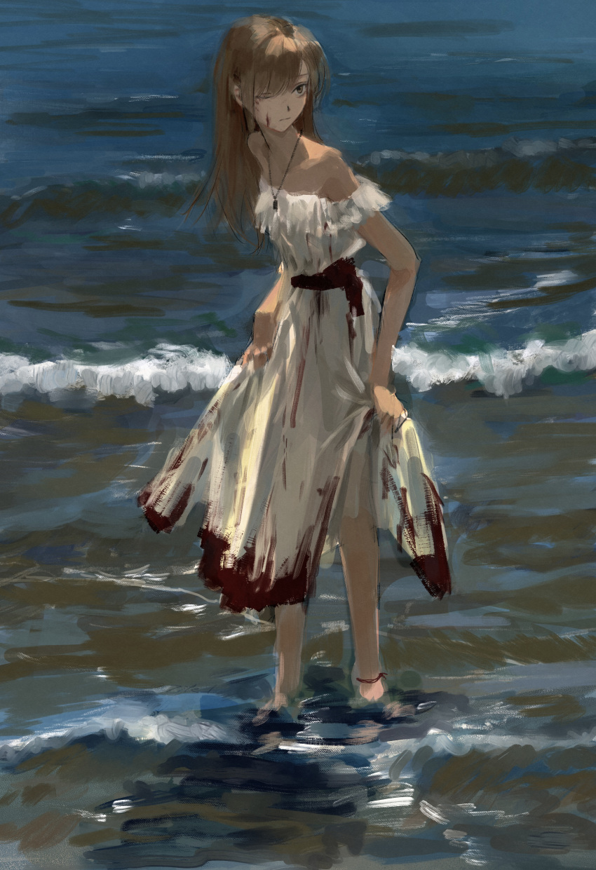1girl 7ife absurdres anklet bangs bare_shoulders blood blood_on_clothes blood_on_face closed_mouth collarbone commentary dress english_commentary hair_over_one_eye highres jewelry long_hair necklace ocean off-shoulder_dress off_shoulder orange_hair original outdoors solo wading water white_dress