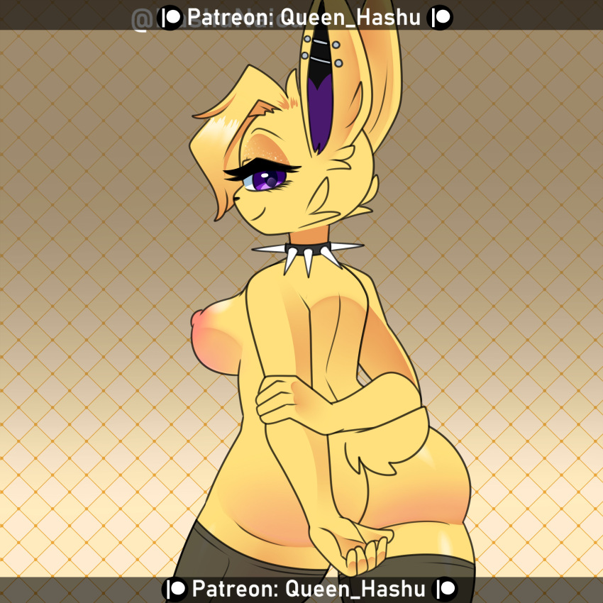 absurd_res anthro breasts clothing collar ear_piercing eeveelution female generation_1_pokemon hashu hi_res jolteon legwear nintendo nipples piercing pokemon pokemon_(species) pokemorph purple_eyes rear_view solo spiked_collar spikes thick_thighs video_games yellow_body