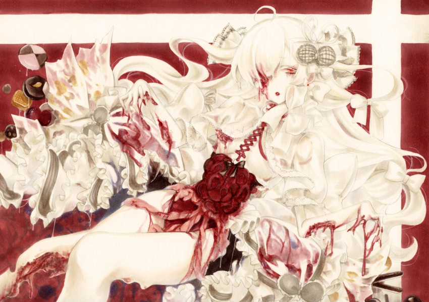 1girl ahoge albino blood blood_on_arm blood_on_hands bottomless bow bow_earrings breasts candy cannibalism capelet cookie corset_piercing earrings entrails food frilled_bow frills guro hair_bow hair_over_one_eye highres implied_cannibalism intestines jewelry knees_together_feet_apart long_hair looking_at_viewer marker_(medium) melting missing_eye multiple_hair_bows organs original pale_skin parted_lips red_eyes red_lips red_nails see-through see-through_capelet small_breasts solo traditional_media very_long_hair white_bow white_capelet white_hair white_theme yuu_niro