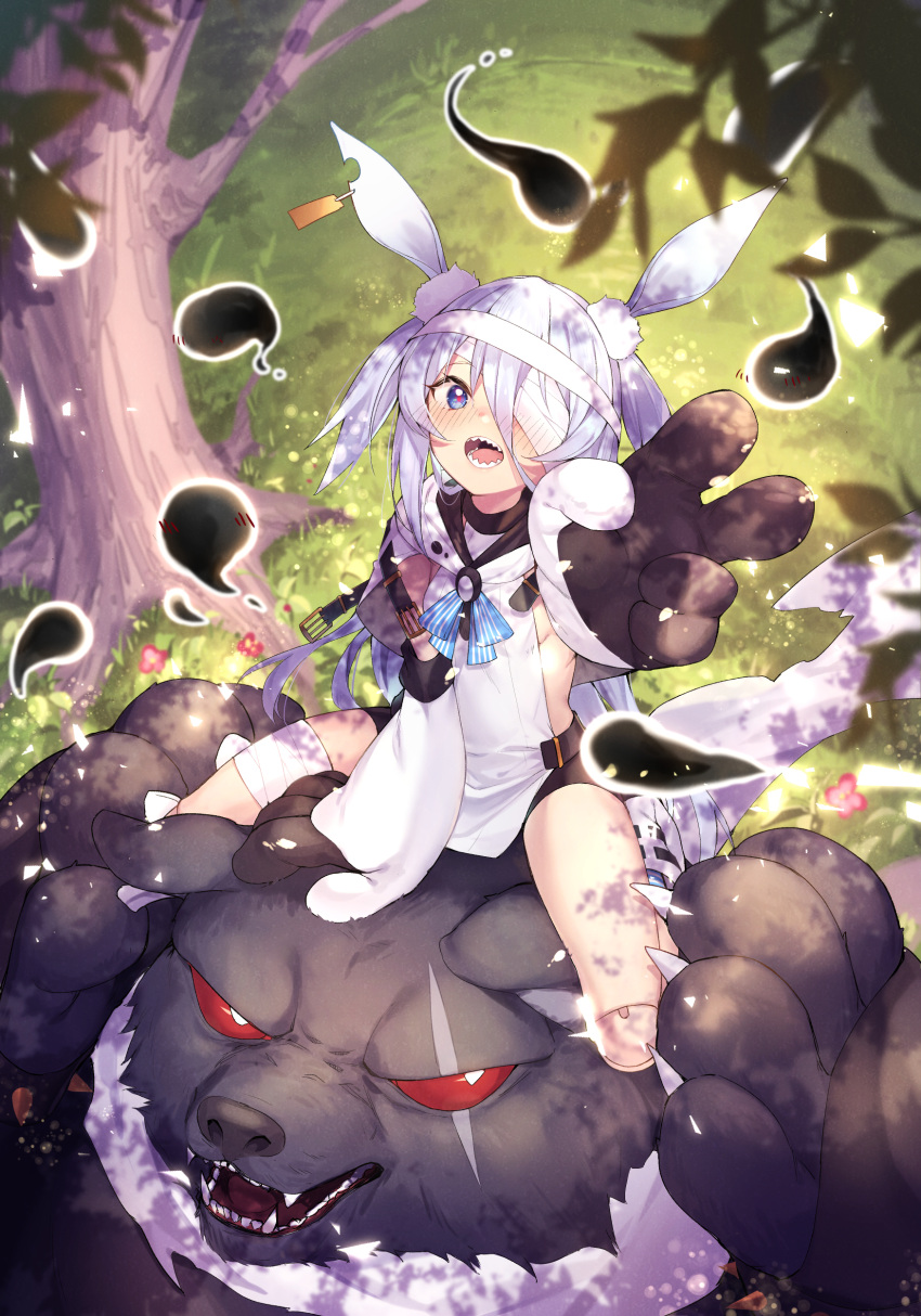 1girl absurdres animal_ears animal_hands bandage_over_one_eye bandaged_head bandaged_leg bandages bear bike_shorts blue_eyes blush bug butterfly doll_joints ear_tag fangs gloves grass highres joints little_witch_nobeta long_hair looking_at_viewer monica_(little_witch_nobeta) open_mouth outdoors paw_gloves rabbit_ears red_eyes sharp_teeth shennai_misha sitting sitting_on_head sitting_on_person smile tabard teeth tree two_side_up v white_hair white_tabard