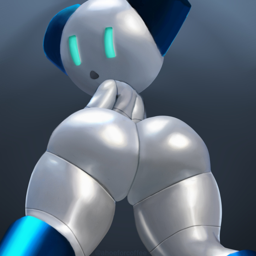 big_butt blue_body butt butt_focus coffeewithdicks empty_eyes eyes_closed glistening glistening_body grey_body hi_res humanoid looking_at_viewer looking_back low-angle_view machine male metallic_body not_furry nude open_mouth robot robot_humanoid robotboy robotboy_(character) simple_background solo worm's-eye_view