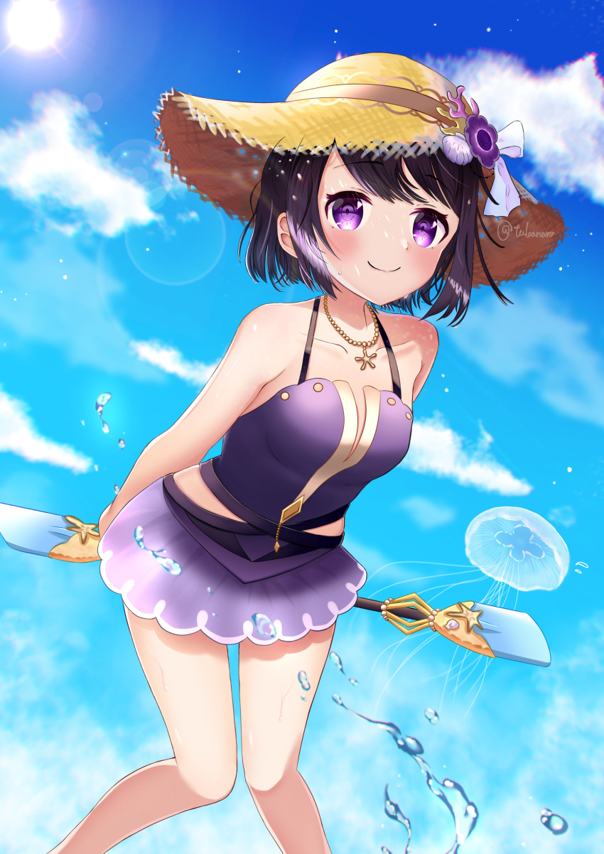 1girl absurdres arms_behind_back bangs black_hair blue_sky blush casual_one-piece_swimsuit closed_mouth dot_nose feet_out_of_frame flower hat hat_flower hat_ribbon highres holding holding_paddle jellyfish jewelry knees_together_feet_apart kuroe_(madoka_magica) kuroe_(swimsuit_ver.)_(madoka_magica) leaning_forward looking_at_viewer magia_record:_mahou_shoujo_madoka_magica_gaiden mahou_shoujo_madoka_magica necklace one-piece_swimsuit paddle purple_eyes purple_flower purple_one-piece_swimsuit ribbon short_hair side_cutout sky smile solo spaghetti_strap starfish straw_hat swept_bangs swimsuit swimsuit_skirt takanako_(saki0702) water_drop white_ribbon yellow_headwear