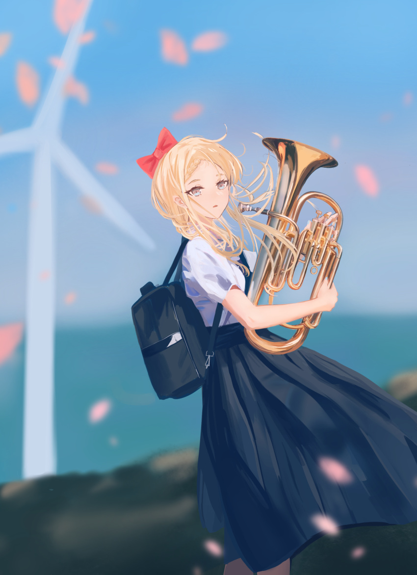 1girl a-545_(girls'_frontline) absurdres alternate_costume backpack bag bangs blonde_hair blue_skirt blue_sky blurry blurry_background bow braid euphonium feet_out_of_frame from_side girls'_frontline hair_bow highres holding holding_instrument hozumi_oozum instrument long_hair long_skirt looking_at_viewer multicolored_eyes open_mouth red_bow school_uniform shirt short_sleeves side_braid simple_background skirt sky solo standing white_shirt