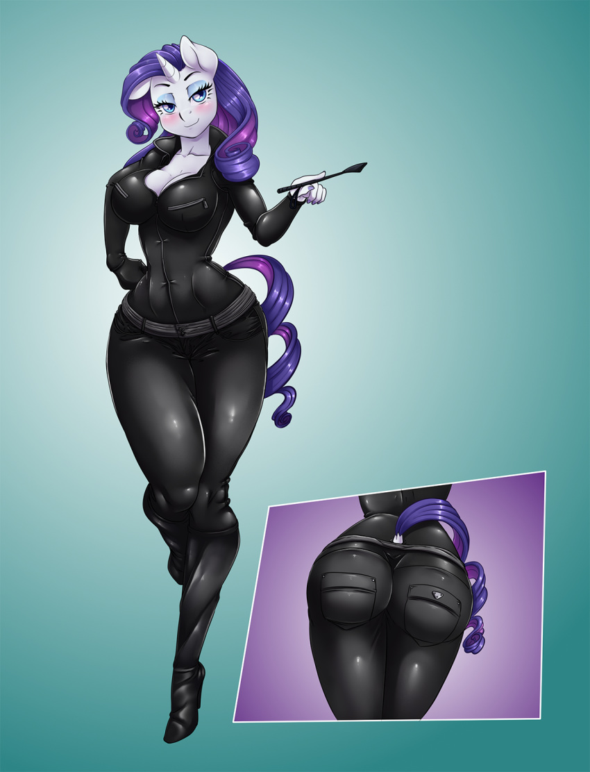 anthro bedroom_eyes blush boots breasts butt cleavage clothed clothing equid equine female footwear friendship_is_magic hasbro hi_res high_heeled_boots high_heels horn latex looking_at_viewer mammal my_little_pony narrowed_eyes pia-sama rarity_(mlp) riding_crop seductive skinsuit solo tight_clothing unicorn whip