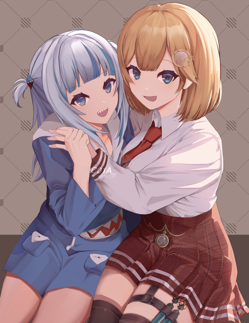 2girls :d artist_name bangs banned_artist black_eyes black_thighhighs blonde_hair blue_eyes blue_hair blue_hoodie breasts brown_skirt c01a_(cola) gawr_gura grey_hair hair_ornament highres hololive hololive_english hood hoodie large_breasts looking_at_viewer medium_hair monocle_hair_ornament multicolored_hair multiple_girls necktie plaid plaid_skirt pleated_skirt red_necktie sharp_teeth shiny shiny_hair shirt shirt_tucked_in sitting skirt smile teeth thighhighs two-tone_hair watermark watson_amelia white_shirt